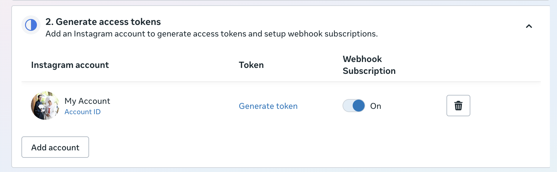 Meta App Dashboard's 'Generate access tokens' step, showing an Instagram account row with a Token column and a Webhook Subscription toggle switched On