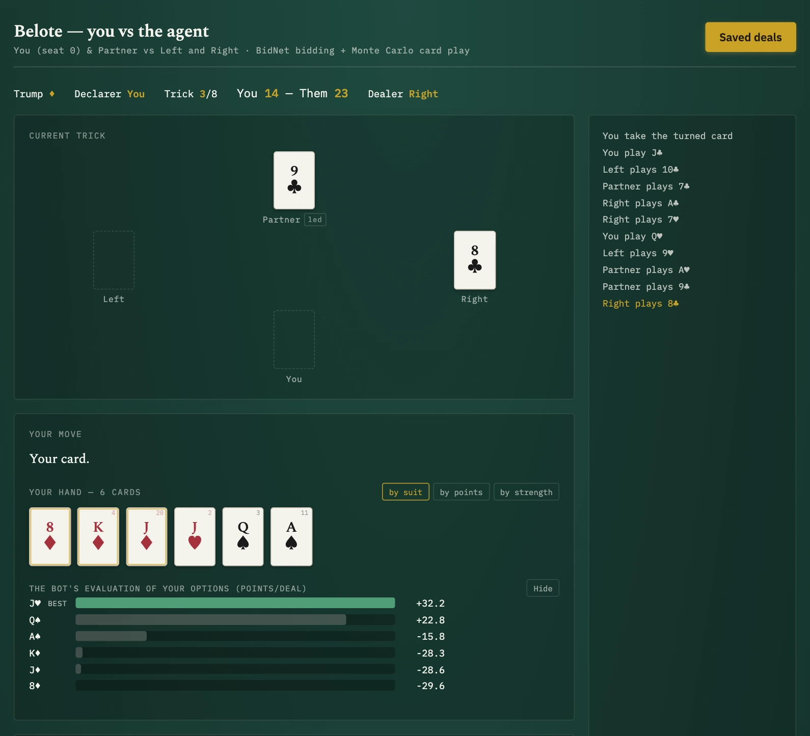 Browser front end mid-deal: the current trick, the player's six-card hand, and the agent's evaluation of each legal card as a bar chart, with J of hearts best at +32.2 points per deal