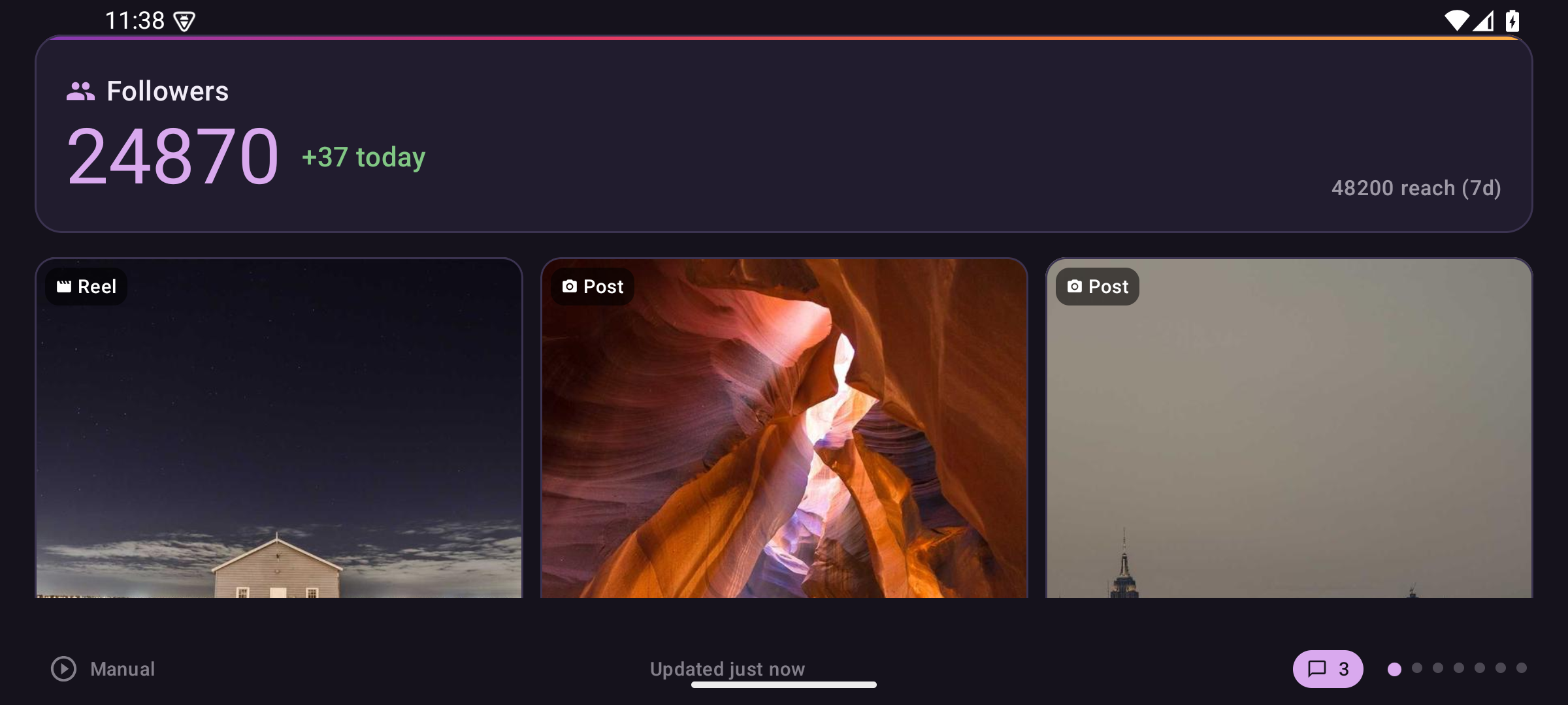 Insta Insight dashboard page showing follower count, 7-day reach, and the last three posts as a swipeable carousel with Reel/Post badges
